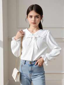 少女休闲校服白色长袖衬衫，翻领荷叶边装饰，纽扣前襟，纹理编织面料，纯白色，适合返校季和秋冬季穿着。 - 白色 - 查看 1