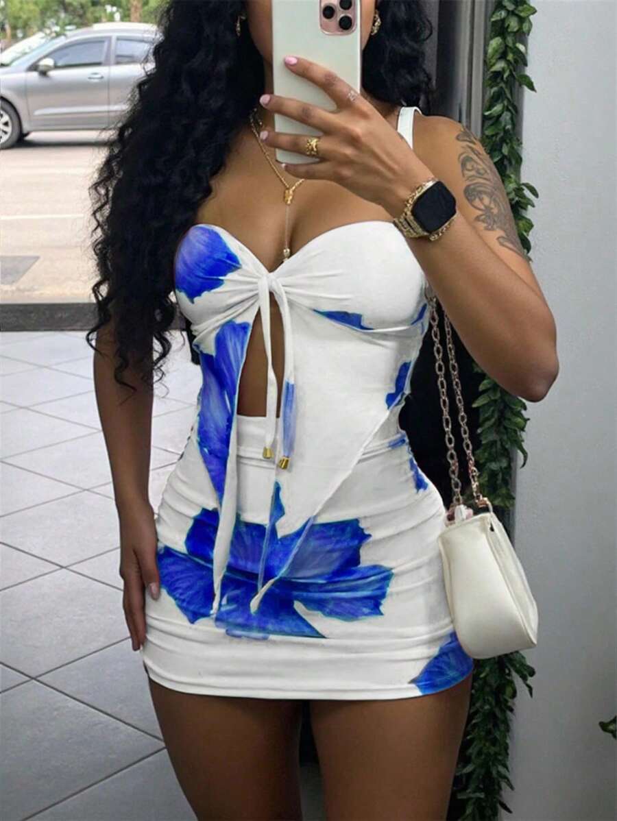 INAWLY 女士夏季度假吊带背心和迷你裙两件套 - 藍色 - 查看 1