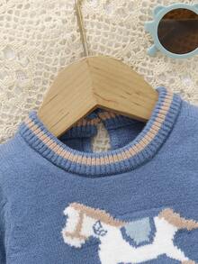 SHEIN 毛衣套装，可爱小马提花套头毛衣+新生儿连脚裤，2件套时尚休闲男婴针织套装，男婴小马毛衣套装，针织两件套，男婴两件套服装，男婴冬季服装，男婴秋季服装，男婴秋季套装