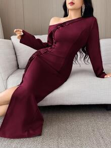 Modelyn 女式纯色斜肩长袖修身褶皱连衣裙 - 酒紅色 - 查看 6