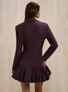 SHEIN BAE 女士纯色荷叶边下摆优雅办公室女士长袖连衣裙 - 咖啡棕 - 查看 2