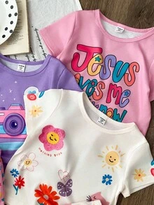 Conjunto de 3 pijamas com estampa de desenho animado para meninas