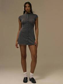 MUSERA Cap Sleeve Collared Fitted Waist Button Down Mini Dress Fall Cute Streetwear Festival Farmhouse Country Vintage Fall Autumn Evening Fall - Grey - View 1