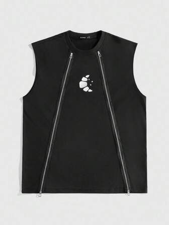 Street Life سترة رجالية بدون أكمام ذات سحاب بطباعة بسيطة باللون الأسود عصرية