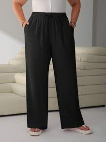SHEIN EZwear 大码女式休闲纯色抽绳腰宽松阔腿裤 - 黑色 - 查看 4