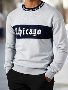 Manfinity Homme 男士字母印花圆领休闲宽松长袖套头衫芝加哥运动衫灰色运动衫男士运动衫运动衫男士运动衫万圣节 - 灰色 - 查看 3