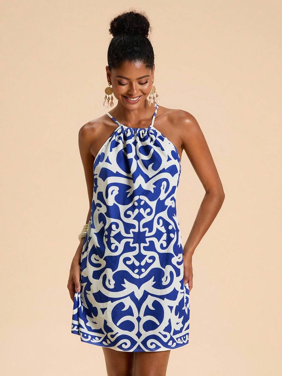 Travachic Sukienka mini z nadrukiem na całej powierzchni i odkrytymi ramionami na wakacje - Niebieski i biały - Zobacz 1