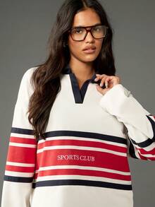MISSGUIDED Retro Sports Club Rugby Sweatshirt Preppy Collegiate Style Striped Polo Collar Long Sleeve Varsity Letter Casual Winter Fall Pullover - Multicolor - View 3