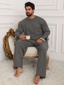 DAZY Men's Solid Dark Grey Textured Fabric Loungewear Set, Autumn, Fall Winter Clothes Pajama - Dark Grey - View 5