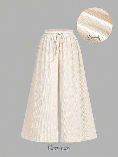 SHEIN MOD Pantalones de pierna ancha de tela texturizada de color albaricoque de talla grande, pantalones holgados con cintura elástica y plisados, pantalones de verano de pierna ancha, pantalones de playa, ropa bohemia, retro y de trabajo para mujeres