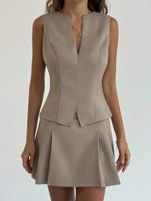 Aloruh Women's Khaki Deep V-Neck Sleeveless Vest & Pleated A-Line Skirt Set,Summer Elegant Work Minimalist Commuter Outfits,Teacher Fall Clothes For Women - Khaki - View 3