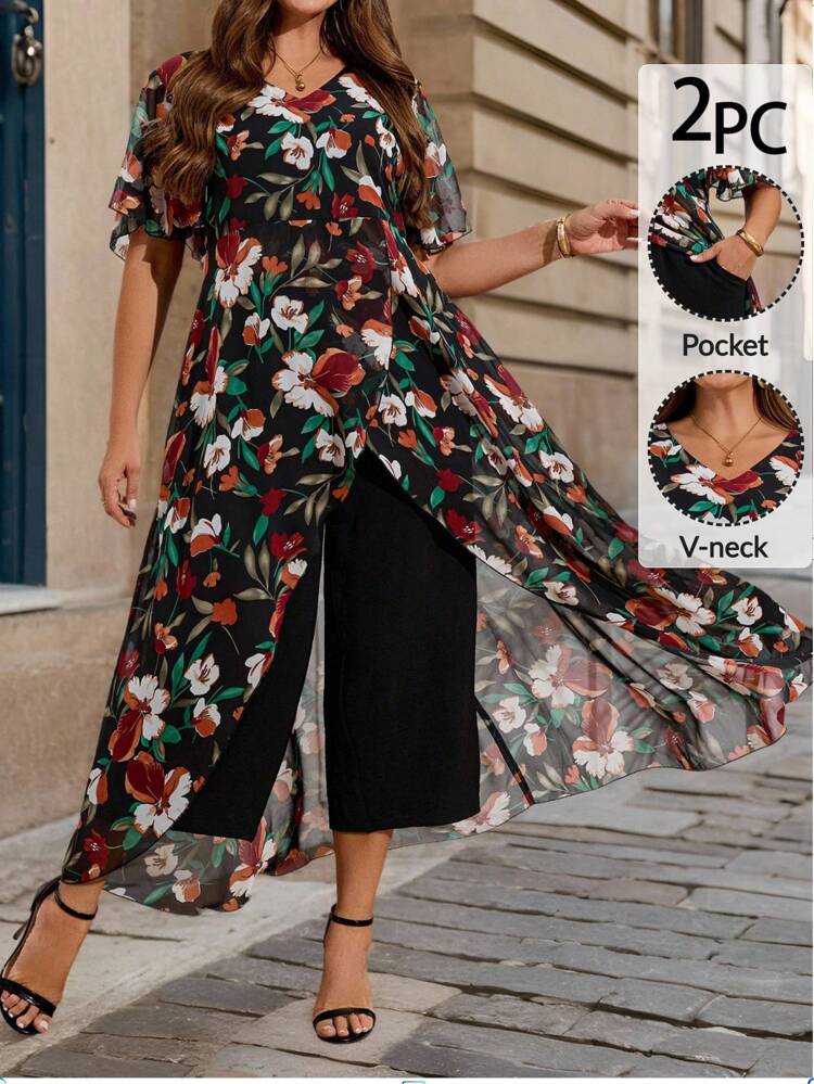 2pcs Plus Size Floral All-Over Print Holiday Casual Loose Top And Long Pants Set Plus Size Women Clothes 2 Piece Plus Size Resort Wear Tropical Dress Plus Size Fall Women Clothes,Autumn,Fall Clothes Fall Clothes Plus Size,Office Outfits For Women,Back To School,Concert Outfits For Women,Teacher Outfits For Women,Wedding Guest Dress Women