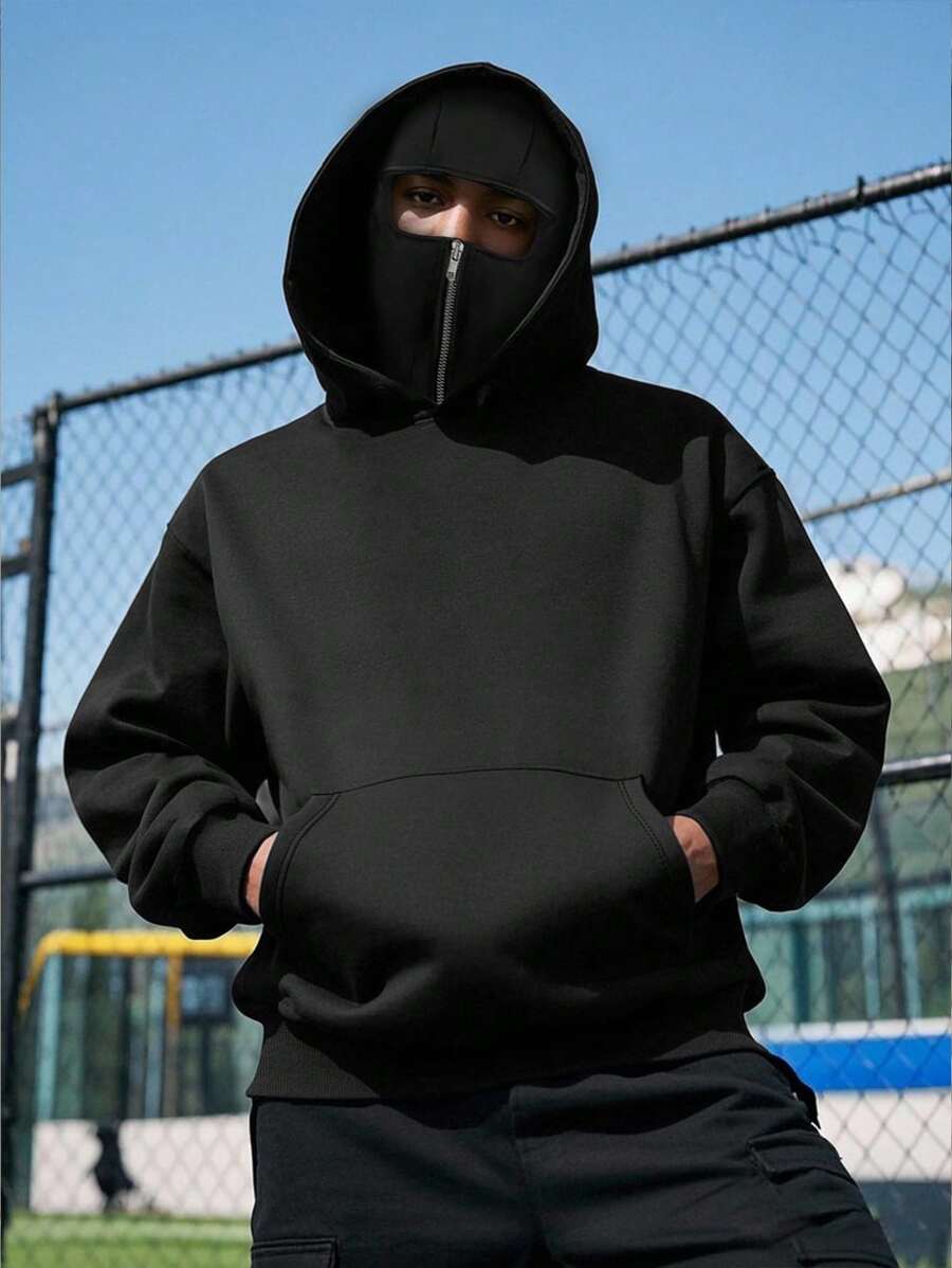 Manfinity Dauomo Men's Double Layer Hooded Zip-Up Sweatshirt, Versatile Street Fashion Hoodie , Fall - Black - View 1