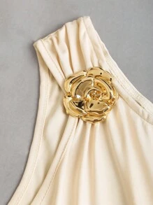 Sweetra Women's Summer Vacation Style Minimalist Solid Color Asymmetrical Neck Ruffle Waist Layered Ruffle Hem Dress - Apricot - View 4