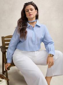 Zelara 大碼條紋印花半排扣落肩袖襯衫 - 藍白色 - 查看 5