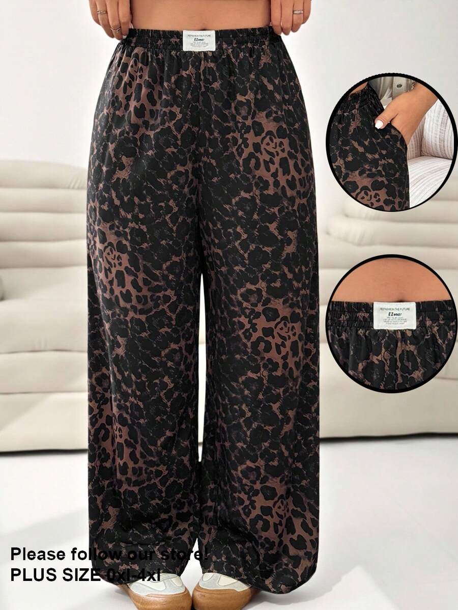 SHEIN EZwear 大码女式豹纹字母贴花口袋阔腿休闲裤 - 彩色 - 查看 1