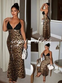 SHEIN SXY Women's Lace Patchwork Leopard Print Beaded Embroidery Sexy Halter Dress, Leopard Print Dress, Animal Print Dress, Sequin Leopard Dress, Leopard Print Maxi Dress, Cheetah Print Dress,Elegant Dresses For Women,Country Concert Outfit.Club Outfits Women Sexy,Prom