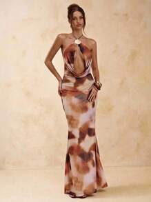 SHEIN BAE 扎染不对称褶皱修身细肩带露背连衣裙，优雅，海滩度假连衣裙，露背长裙，春夏