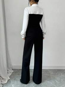 Selianne 2pcs Set: Slim Fit Color-Blocking Black & White Blouse And Pants Fall Cloth For Women - Black - View 2
