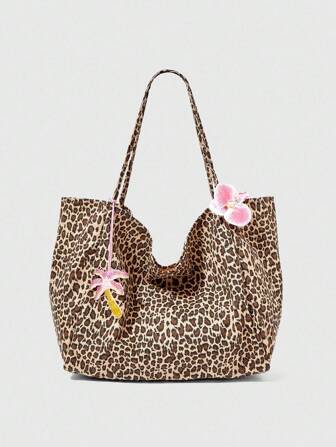 Fairycore Fashionable Summer Leopard Print Shoulder Bag, Large Capacity Beach Tote Bag For Women