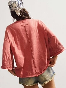 Bohemela 波西米亚风女式休闲复古纯色和平标志贴花休闲针织圆领 3/4 袖宽松水洗 T 恤，西部复古乡村风格度假，适合夏季/秋季/冬季 - 紅色 - 查看 7