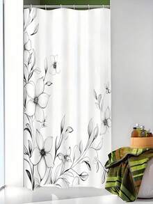 SHEIN 1PC Floral Shower Curtain - Black & White Modern Botanical Print, Waterproof Polyester Fabric With Rust-Resistant Grommets, Machine Washable Bathroom Decor - Luxury Spa Style, Hotel Inspired, Woven Textured Design For Bath & Shower