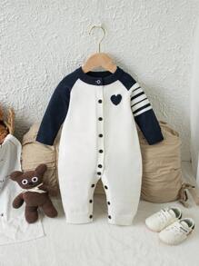 SHEIN Macacão Clássico Azul e Branco de Contraste para Bebê Menino, Confortável, Quente e Macio, Tricotado em Lã, Outono/Inverno - Multicolorido - Visão 7