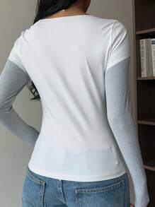 SHEIN EZwear 女士撞色圆领长袖修身休闲百搭T恤 - 白色 - 查看 2