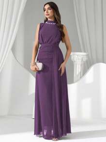 Coutiva Váy dạ hội cổ đính sequin và ngọc trai giả sang trọng, Đầm dự tiệc cao cấp, thanh lịch và tinh tế - Màu tím - Xem 1