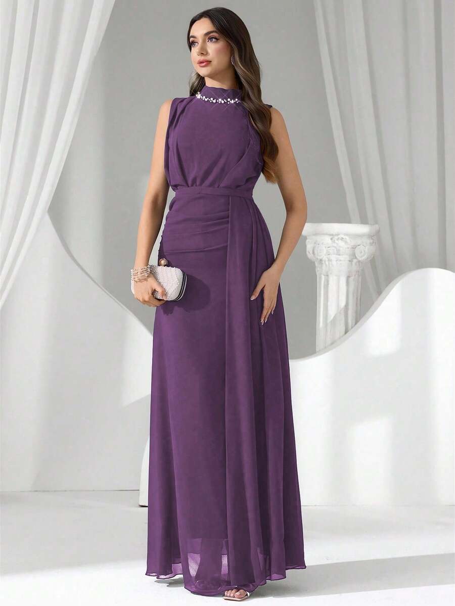 Coutiva Váy dạ hội cổ đính sequin và ngọc trai giả sang trọng, Đầm dự tiệc cao cấp, thanh lịch và tinh tế - Màu tím - Xem 1