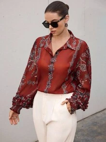 Aveloria Modichic Plus Size Chiffon Floral Print Puff Sleeve Ruffle Hem Long Sleeve Blouse Fall Cloth For Women - Multicolor - View 1