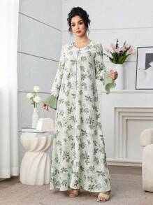 Yasmyna Túnica larga tradicional turca y árabe para mujer con estampado de acuarela, mangas acampanadas y ribete de encaje