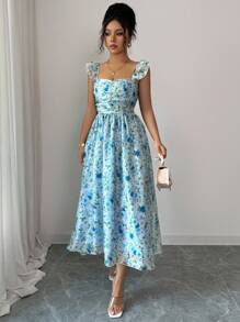 Elenzga 女士浪漫度假连衣裙，碎花细肩带荷叶边露背连衣裙，夏季 - 藍色 - 查看 3