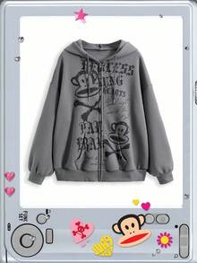Paul Frank X ROMWE Casual Graphic Women Kpop Y2K Oversized Monkey Print Zip Up Hoodie - Grey - View 9