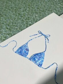 SHEIN Swim Summer Beach Paisley Print Halter Triangle Bikini Top - Blue and White - View 5