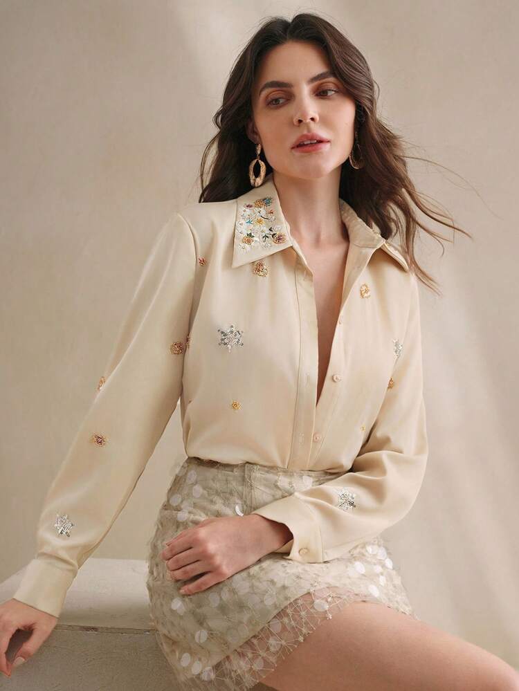 Women's Loose Fit Long Sleeve Shirt With Solid Color, Beaded Embroidery Decor, Dropped Shoulder