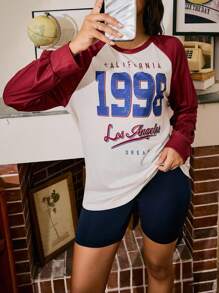 Miss Vinta Retro Casual College Style Contrast Color Raglan Sleeve Top & Cycling Pants Women Pajama Set, Fall Clothes - Multicolor - View 1