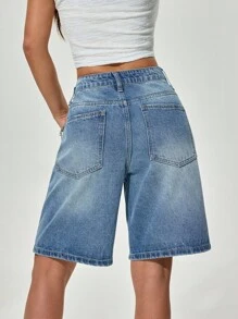 SHEIN ICON 女士休闲宽松阔腿牛仔短裤，夏季 - 中等水洗藍 - 查看 2