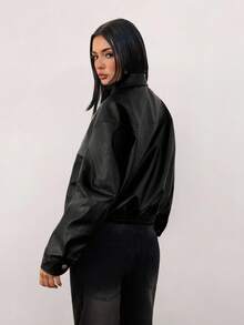 SHEIN Tall Women's Fall Winter Casual Daily Fashion Street Zip-Up Loose Jacket, Autumn Black Leather Jacket Women