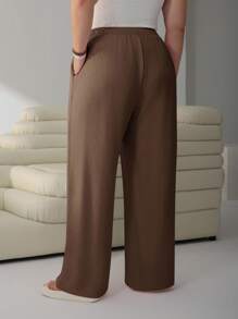 SHEIN EZwear 春夏季大码纯色抽绳腰宽松阔腿裤 - 棕色 - 查看 2
