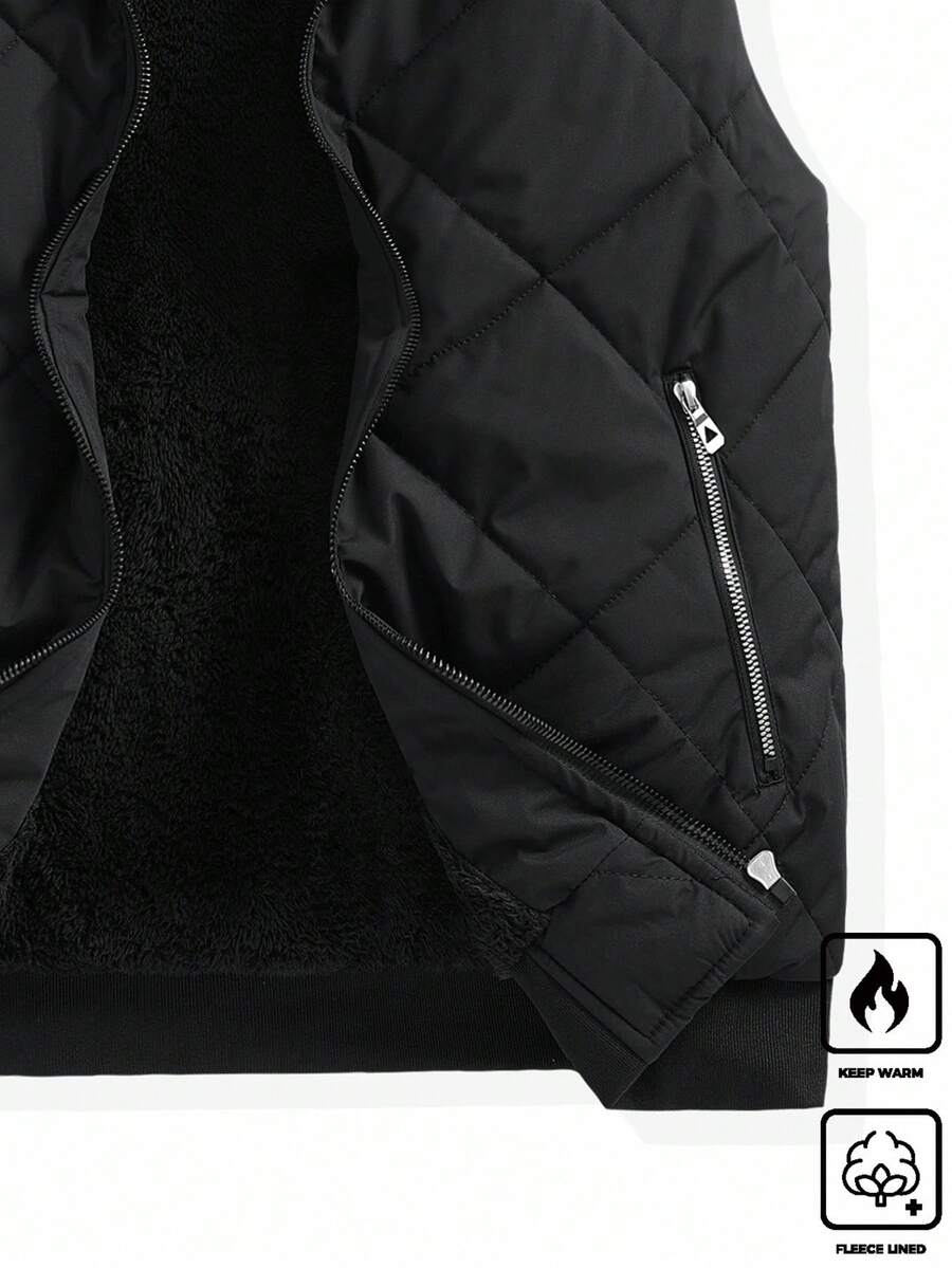 Manfinity Homme 男士秋冬保暖衬里背心、立领开衫加厚外套、宽松无袖夹克 - 黑色 - 查看 1