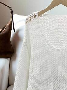 SHEIN LUNE Solid Color Drop Shoulder Sweater,Long Sleeve Tops - White - View 3