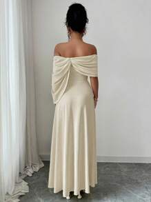 Elenzga 女式新款优雅3D花卉腰部收腰长裙 - 杏色 - 查看 2