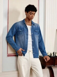 SWAVVY Men's Simple Long Sleeve Casual Denim Jacket, Fall, Plain, Flap Pocket Detail, Grunge, Urban, Work - Blue - View 1