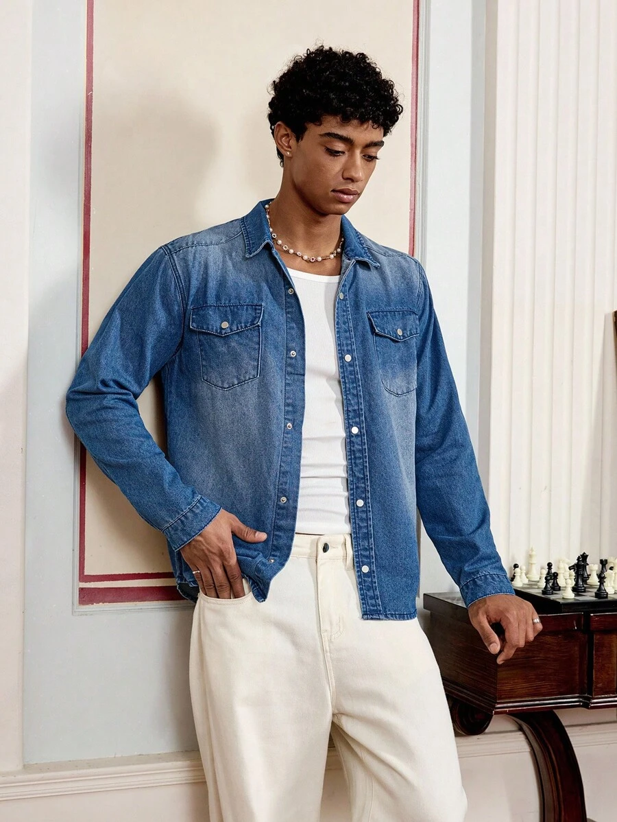 SWAVVY Men's Simple Long Sleeve Casual Denim Jacket, Fall, Plain, Flap Pocket Detail, Grunge, Urban, Work - Blue - View 1