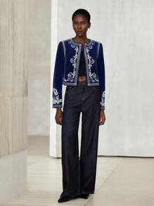 Aveloria Modichic 法式复古女式短外套，丝绒拼色刺绣，秋季西部复古 - 寶藍色 - 查看 3