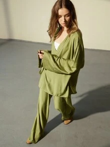 Aveloria Modichic 2pcs Women's Casual Loose Linen Feel Wrap V-Neck Long Sleeve Top And Pants Set