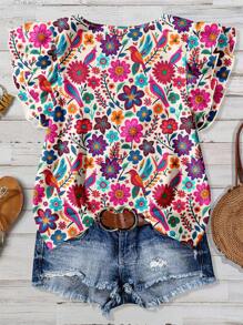 EMERY ROSE Plus Size Women's Daily Casual Elegant Retro Holiday Style Tropical Floral Retro Pattern Round Neck Double Layer Cap Sleeve Loose Shirt, Women's Summer Clothing, Women's Vacation Clothing, Women's Summer Clothing, Women's Going Out Tops,Flower/Spring - Multicolor - View 9