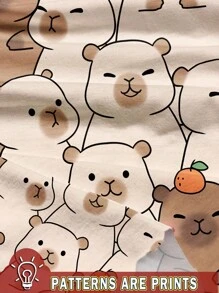 SHEIN Leap Crew Set de 2 piezas de camiseta de manga corta holgada y pantalones acampanados con estampado de animal de dibujos animados de capibara lindo para niñas preadolescentes, para verano - Multicolor - Ver 5