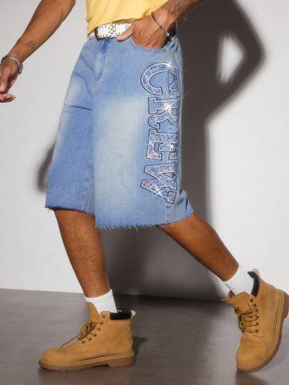 Street Life Casual Fashion Versatile Summer Button-Up Rhinestone Men's Denim Shorts